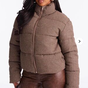 brown plaid puffer jacket